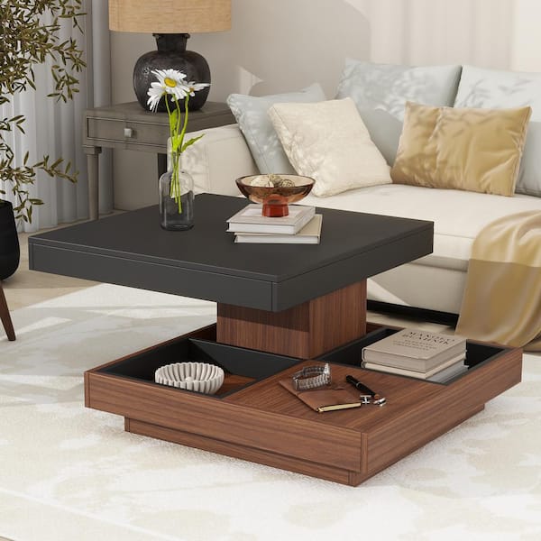 Clihome Modern 27.5 in. Black Square MDF 360° Rotating Coffee Table with Three Detachable Tray, 2-Tier Farmhouse Center Table