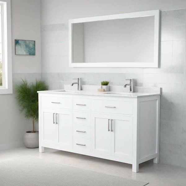 Wyndham Collection Beckett 66 in. W x 22 in. D Double Vanity in White with Cultured Marble Vanity Top in Carrara with White Basins