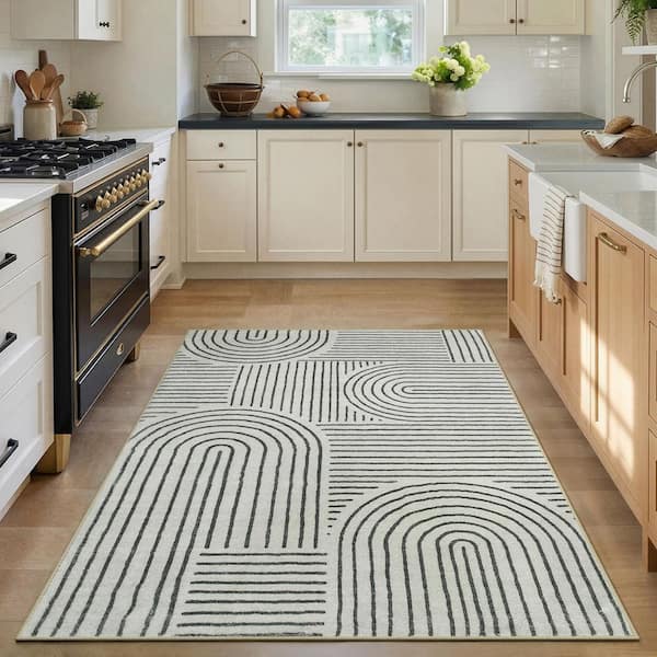 Abstract Rainbow Striped Washable Non-Slip Black 4 ft. x 6 ft. Entryway Kitchen Area Rug
