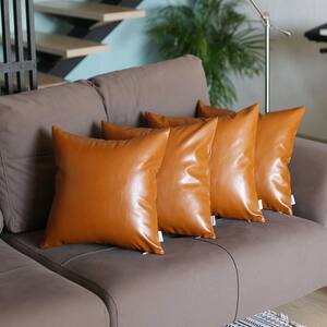 Bohemian Handmade Vegan Faux Leather Brown 17 in. x 17 in. Square Solid Throw Pillow (Set of 4)