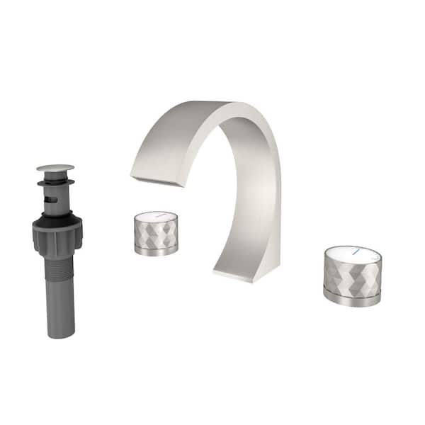 8 in. Widespread Double Handle C Arc Waterfall Spout Deck-Mount Bathroom Sink Faucet with Drain Kit in Brushed Nickel