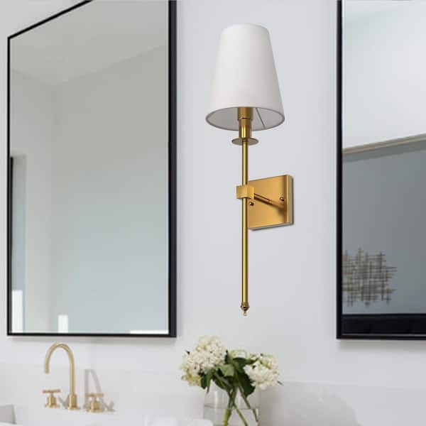 5.9 in.1-Light Gold Mid-Century Wall Sconce with White Fabric Shade for Bathroom Hallway