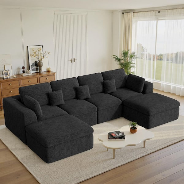 145 in. Modern Chenille Wider Armrest 6-Piece U-Shaped Sectional Sofa with Ottomans and Two Small Pillows in. Black