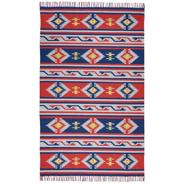 4 ft. x 6 ft. Blue and Red Southwestern Handmade Area Rug with Fringe