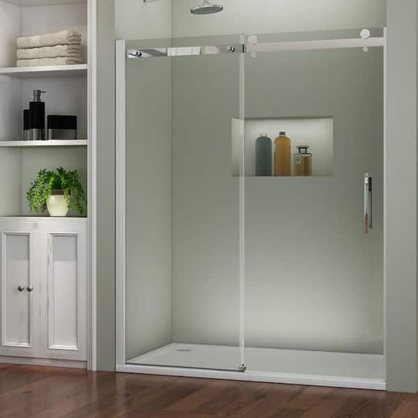 TOOLKISS 60 in. W x 72 in. H Sliding Semi Frameless Shower Door/Enclosure in Stainless-Steel with Clear Glass