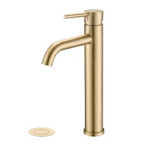 Karwors Single Handle Single Hole Bathroom Faucet with Pop-Up Sink Drain Stopper in Brushed Gold