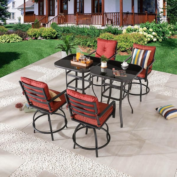 6 Piece Metal Bar Height Outdoor Dining Set with Red Cushions