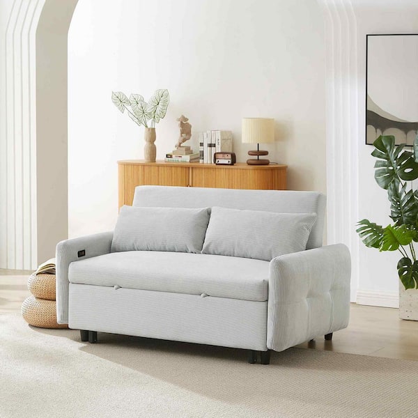 57.48 in. Square Arm Fabric Rectangle Sofa with 2 Throw Pillows and USB Ports in. Light Blue