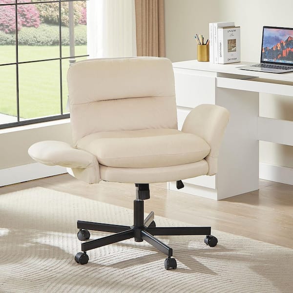 Velour Thick Cushioned Cross-Legged Office Chair in Beige with Adjustable Padded Arms, Mid Back Vanity Chair for Bedroom