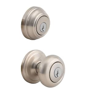 Juno Satin Nickel Exterior Entry Door Knob and Double Cylinder Deadbolt Combo Pack Featuring SmartKey Security