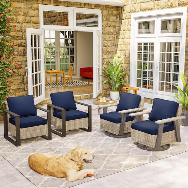 Modern Wicker Patio Outdoor Lounge Chair Set Swivel Rocking Chair with Blue Cushions