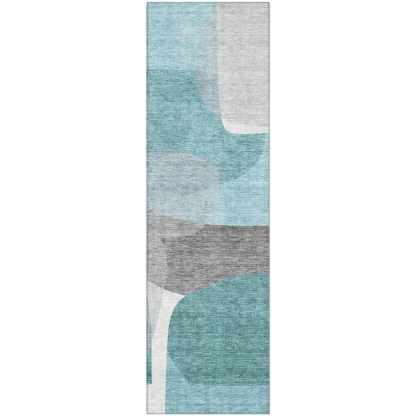 Mayfield Premium Machine Washable Abstract AMF2121 Teal 2 ft. x 7 ft. Runner Rug