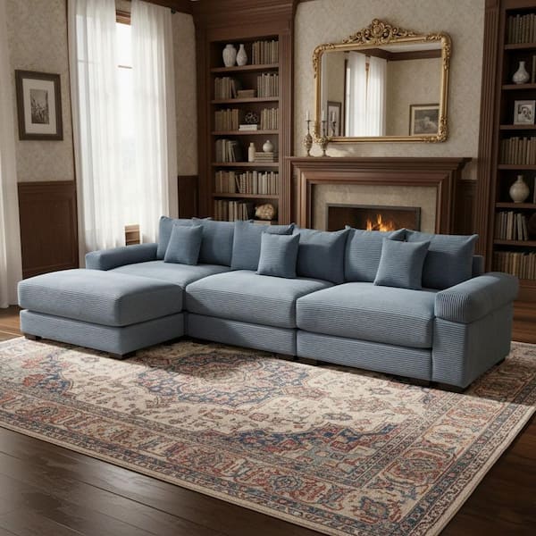 DDMSMXJT 129.9 in. Straight Arm 4-Piece Corduroy Modular Sectional Sofa with Ottoman and Ergonomic Design in Denim Blue