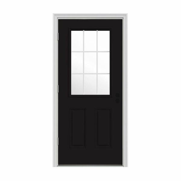 JELD-WEN 32 in. x 80 in. 9 Lite Black Painted w/ White Interior Steel Prehung Right-Hand Outswing Back Door w/Brickmould