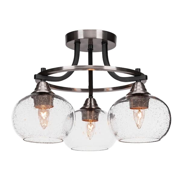 Unbranded Madison 16 in. 3-Light Matte Black and Brushed Nickel Semi-Flush Mount with Clear Bubble Glass Shade