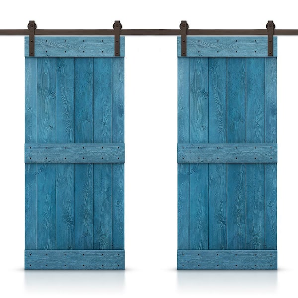 CALHOME Mid-Bar 68 in. x 84 in. Ocean Blue Stained DIY Solid Pine Wood Interior Double Sliding Barn Door with Hardware Kit