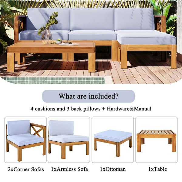 5-Piece Natural Solid Wood Outdoor Sectional Set, with Gray Cushions