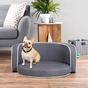 30 in. Medium Gray Round Pet Sofa Dog Sofa Dog bed Cat Bed with Wooden Structure Linen Goods White Roller Lines