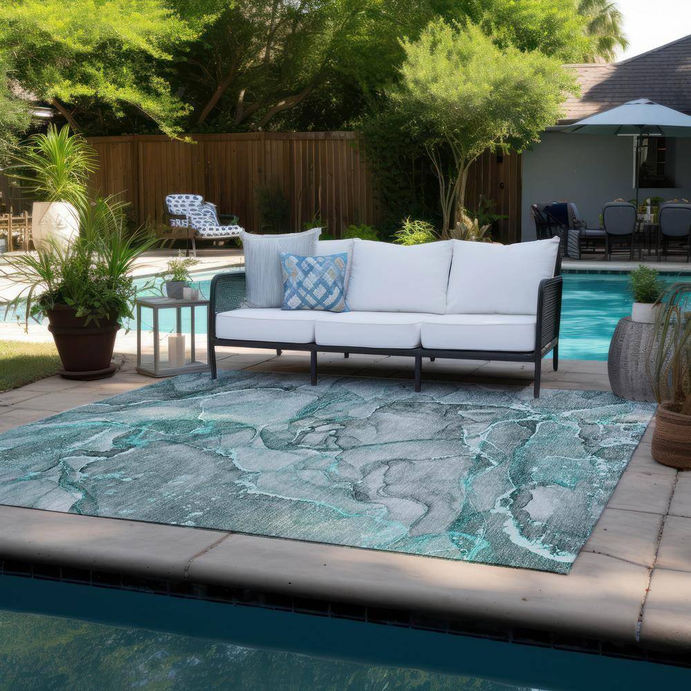 Teal and Gray Watercolor 9' x 12' Synthetic Area Rug