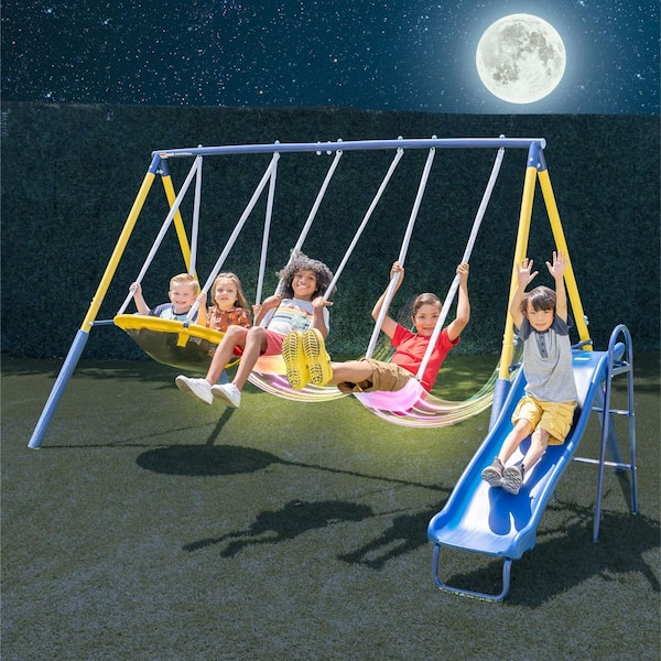Starlight LED Light-Up Metal Swing Set with 5 ft. Slide and Anchor Kit