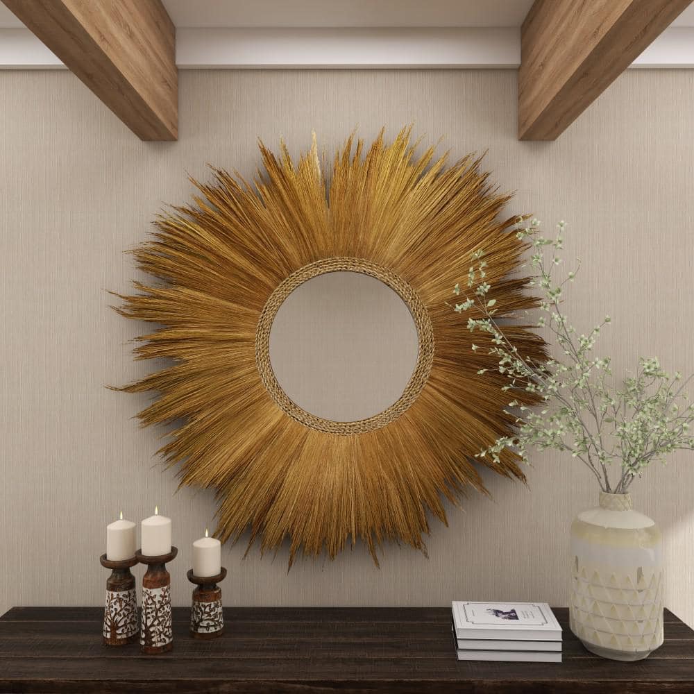 Golden Sunburst Round Decorative Wall Mirror with Grass Trim