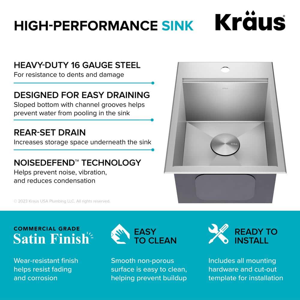 Kore 15" Stainless Steel Single Bowl Workstation Sink with Accessories