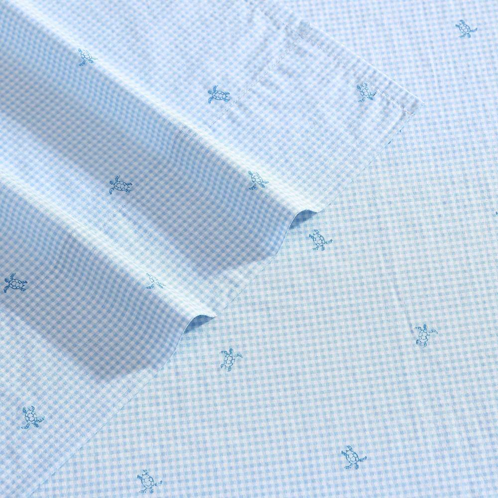 Blue Cotton Percale Queen Sheet Set with Turtle Print