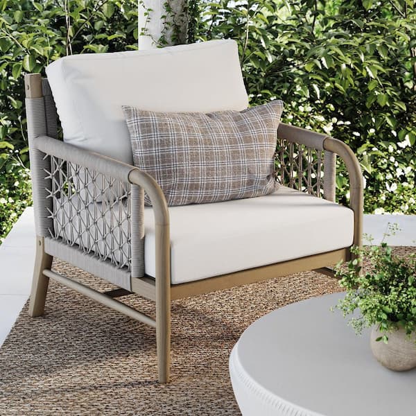 Luciano Gray Oak 1-Piece Solid Acacia Wood Outdoor Farmhouse Upholstered Accent Chair with Linen White Cushions