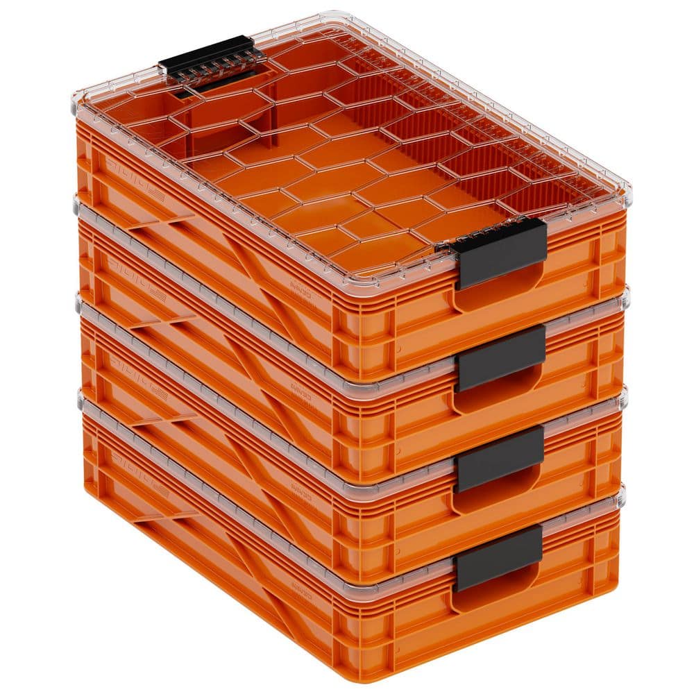 Quarter Crate 4-Pack Heavy Duty Stackable Storage Bins with Lids and Dividers Orange price history on PriceWatchPro