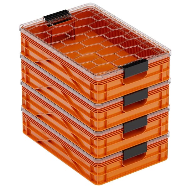 Quarter Crate 4-Pack Heavy Duty Stackable Storage Bins with Lids and Dividers Orange
