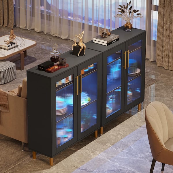 Ahlivia Black Wood 33.46 in. Buffet Cabinet Sideboard Freestanding Storage Cabinet Dining Table with Adjustable Shelves