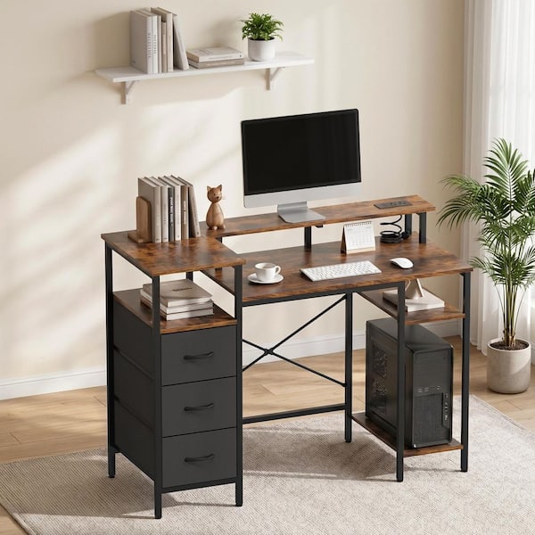 47.2 in Rectangle Computer Brown Wood 3-Drawer Computer Desk with Storage, Shelves and Charging Station
