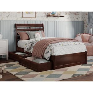 Emelie Walnut Brown Solid Wood Frame Twin Platform Bed with Panel Footboard and Storage Drawers