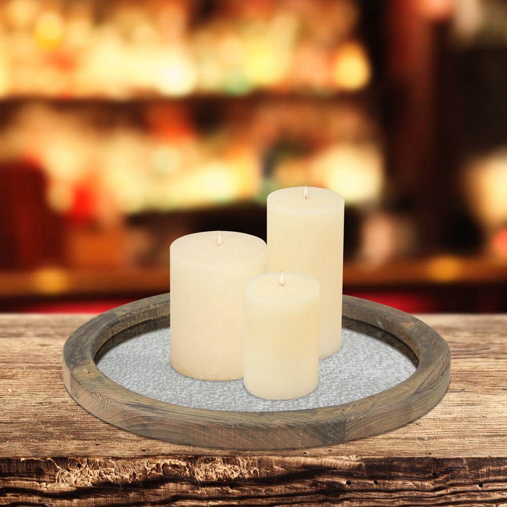 Rustic Round Natural Wood Serving Tray with Antique Mirror