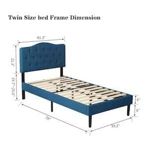 Bed Frame with Button, Blue Wood Frame Slat Support Easy Assembly - Twin Platform Bed Frame With Upholstered Headboard