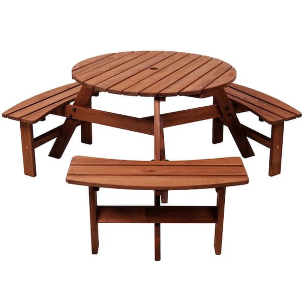 4 Piece Wood Outdoor Dining Set,Wooden Picnic Table with 3 Built-in Benches,6Person Kids Picnic Table,with Umbrella Hole