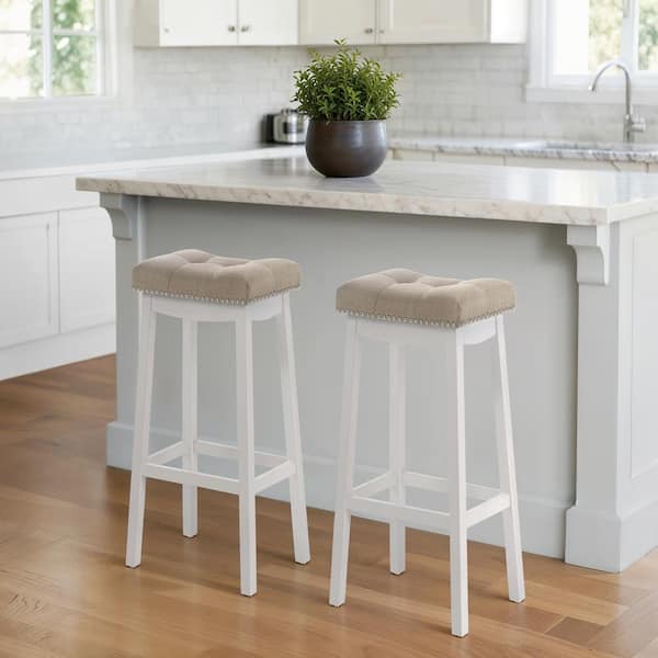 LuXeo Barstow 29 in. White Bar Stools with Beige/Tan fabric cushion (Set of 2)