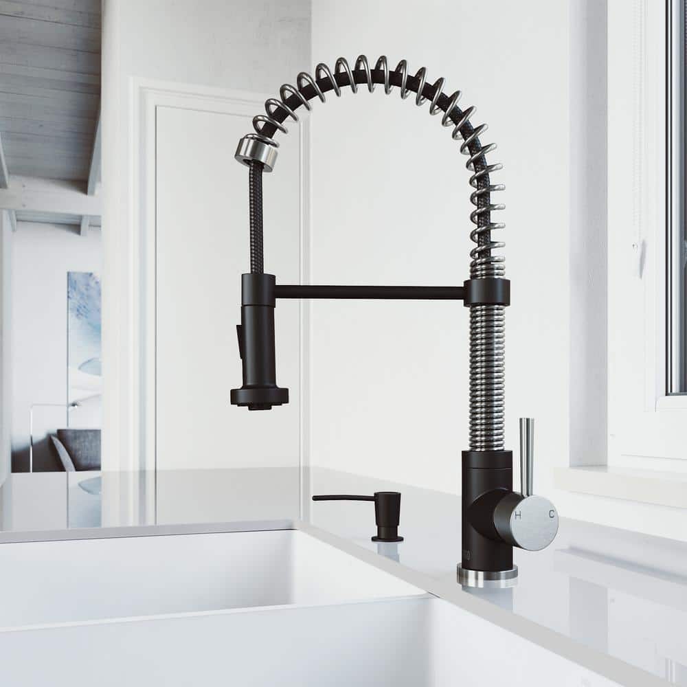 Edison 19" Stainless Steel and Matte Black Pull-Down Kitchen Faucet with Soap Dispenser