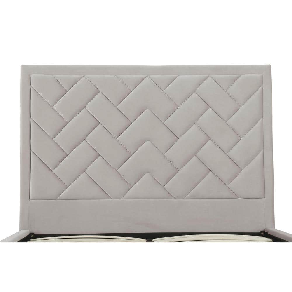 Queen Cream Velvet Upholstered Bed with Chevron Headboard