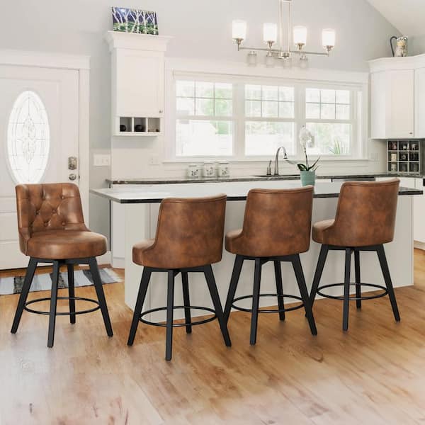 Rowland 26.5 in Seat Height Brown Faux Leather Counter Height Solid Wood Leg Swivel Bar stool（Set of 4）