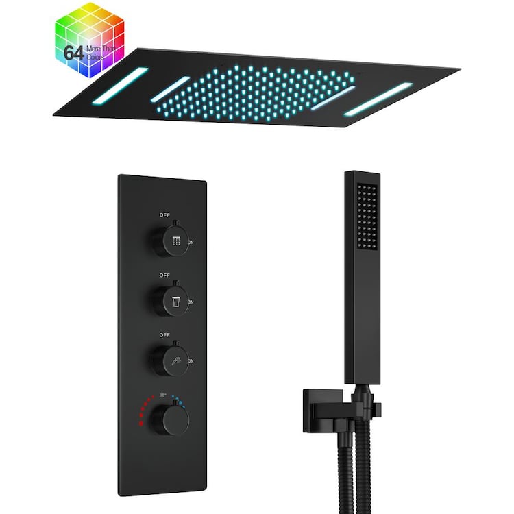 GRANDJOY LED Thermostatic Valve 7-Spray Ceiling Mount 23*15 in. Fixed and Handheld Shower Head 2.5 GPM in Matte Black