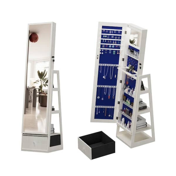 White 15.8 in. W x 65 in. H Rectangle Wood Full Length Mirror with 360° Rotating & Drawers for Bedrooms Dressing Areas