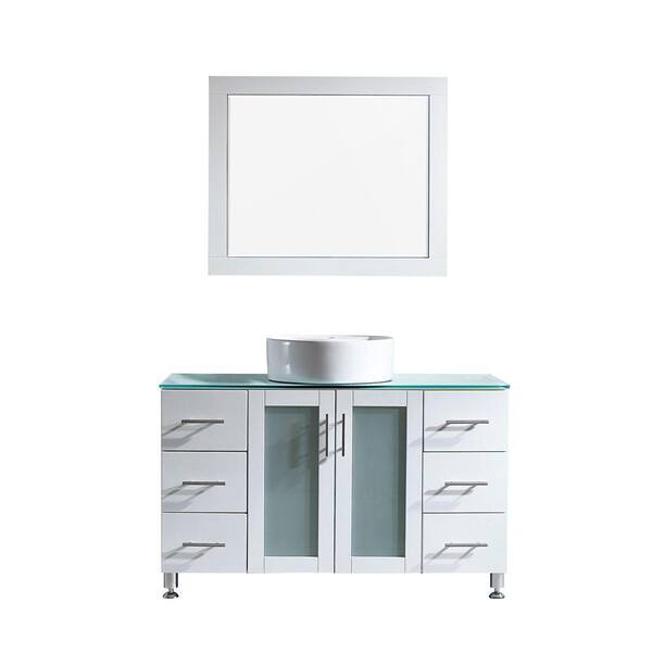 Vinnova Tuscany 48 in. W x 22 in. D x 30 in. H Vanity in White with Glass Vanity Top in Auqa Green with Basin and Mirror