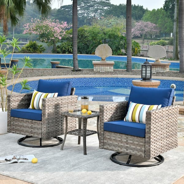 Marvel Gray 3-Piece Wicker Wide Arm Patio Conversation Set with Navy Blue Cushions and Swivel Rocking Chairs
