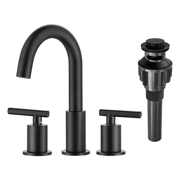 WOWOW 8 in. Widespread Double Handle Bathroom Faucet with Pop-Up Drain in Matte Black