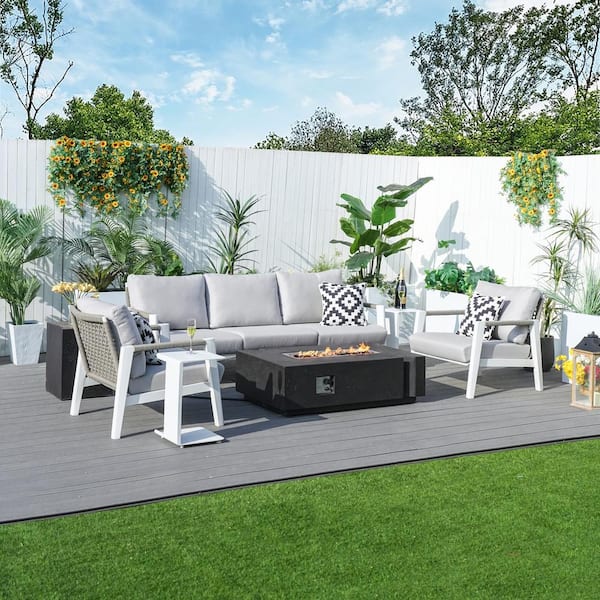 Black 7-Piece Aluminum Patio Fire Pit Set with Gray Cushions