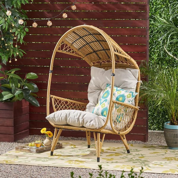 Noble House Malia Light Brown Removable Cushions Faux Rattan Outdoor Patio Lounge Chair with Beige Cushion
