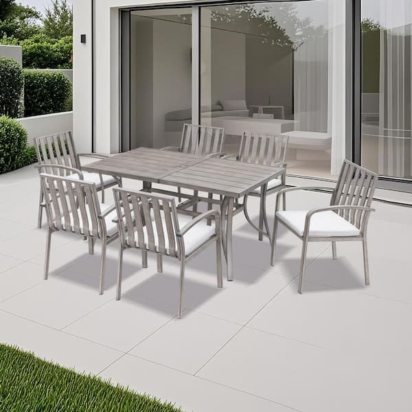 Limed Oak 7-Piece Aluminum Outdoor Dining Set with Rectangular Dining Table and Grey Cushions
