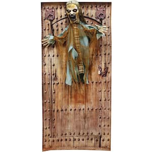 39 in. Animatronic Twisting Zombie in Chains with Backdrop and Folding Door Hook for Scary Halloween Decoration in Multi