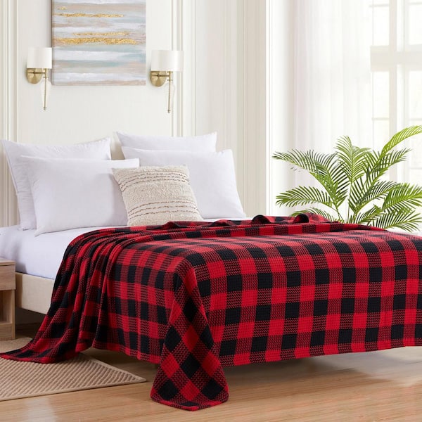 Buffalo Plaid Cotton Blend Blanket, King, Burgundy and Black